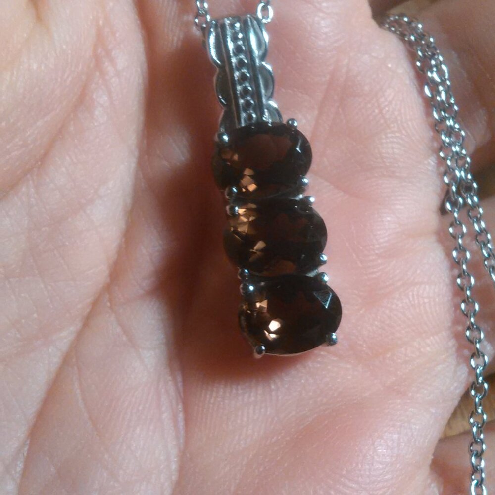 Brazilian Smokey Quartz Three Stone Stainless Steel Pendant Necklace - Picture 3 of 14